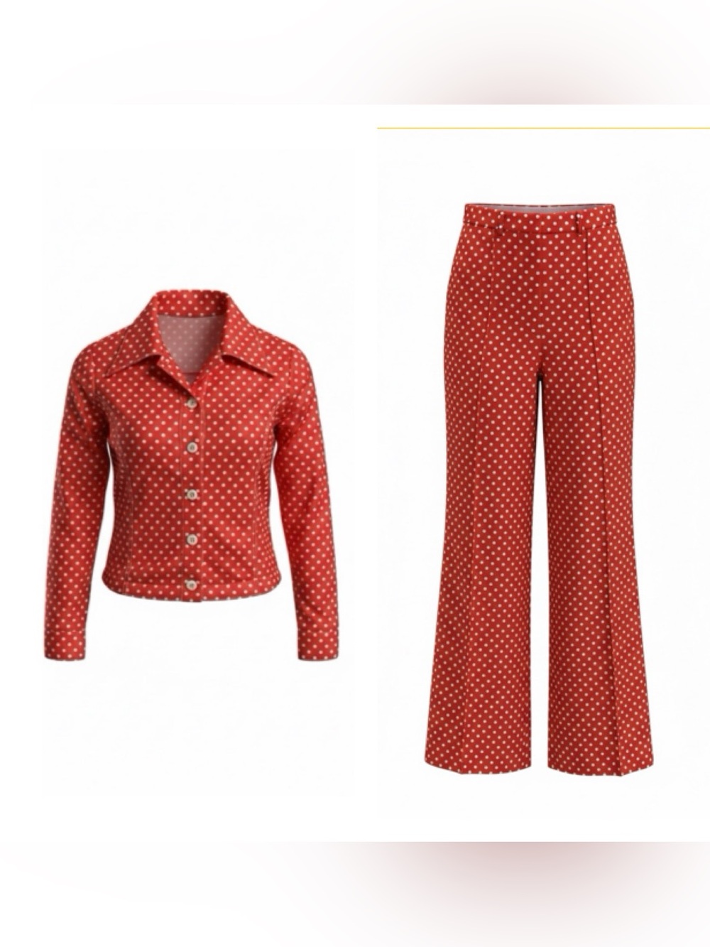 Vintage Women’s Campus Casuals 70s White Polka Dot Crop Blouse & Trouser Set